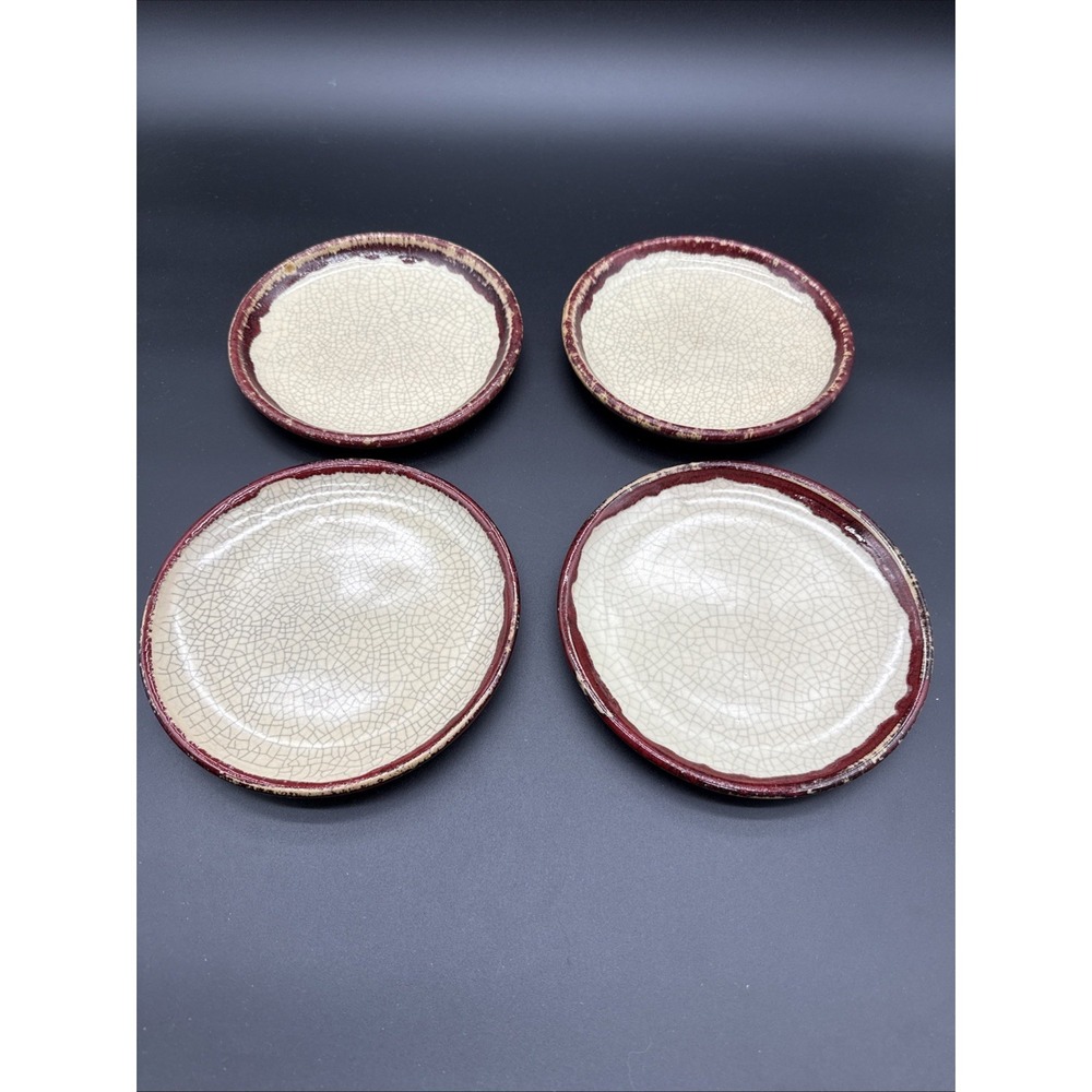 Pier 1 CRACKLE COLLECTION  7.5" Plates Beige Maroon Salad Dessert Set Of 4